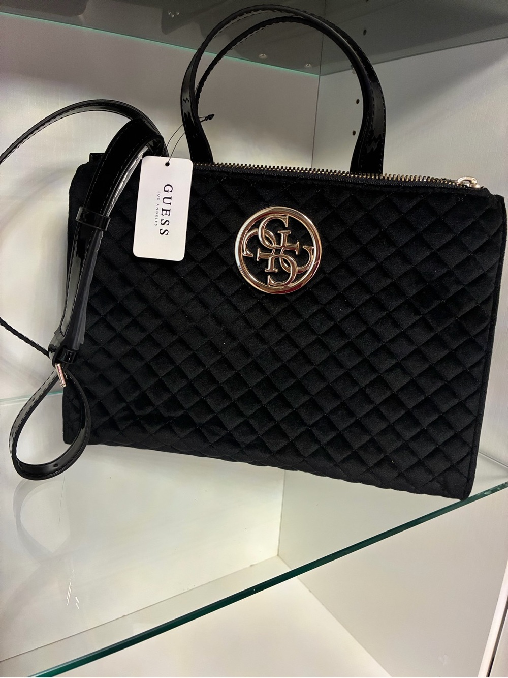 GUESS Black Quilted Satchel with Gold Logo Accent
